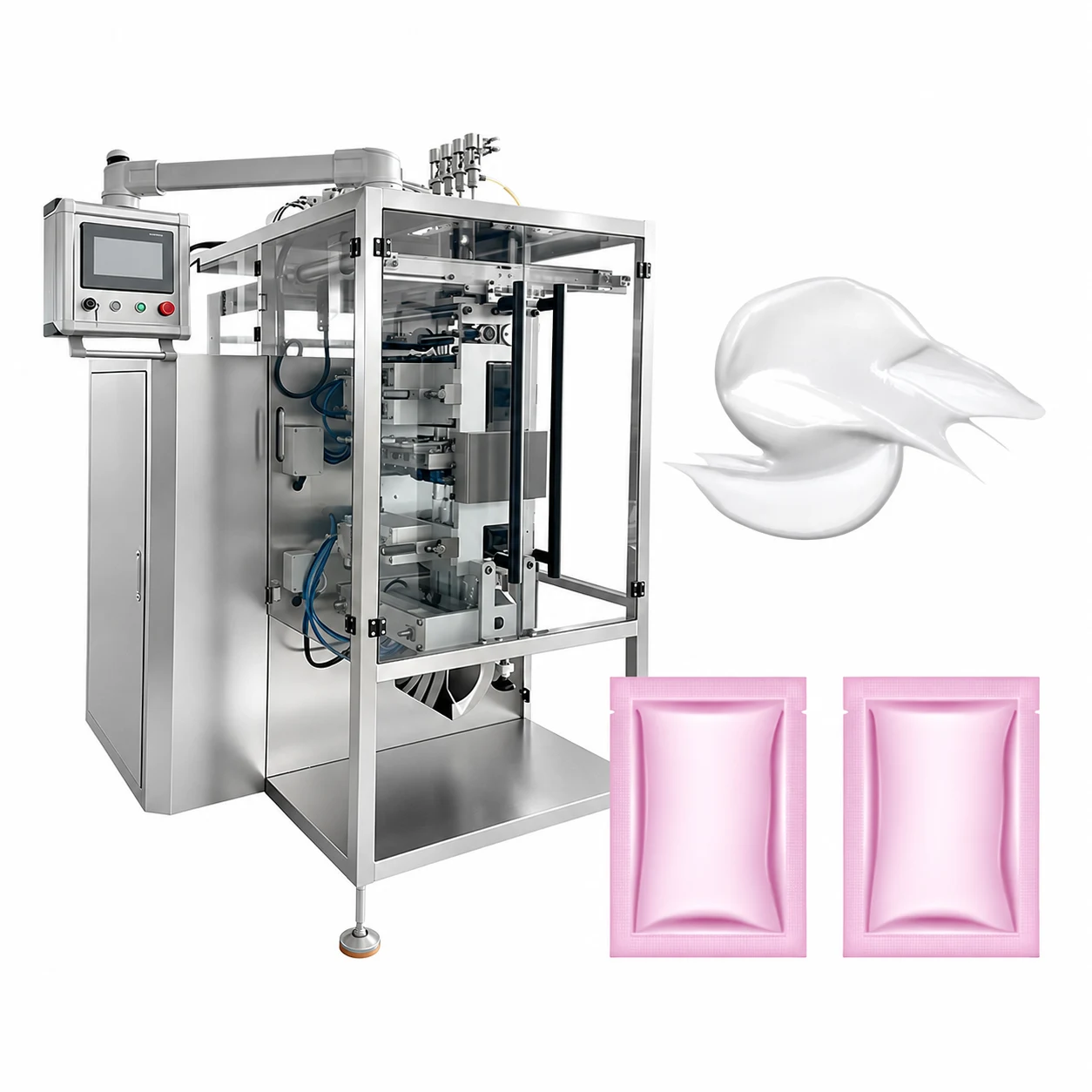 Liquid and paste sachet equipment illustrated with a cream sample and plain pink sachets