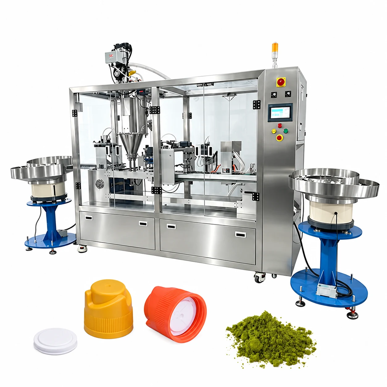 Dosing-cap filling machine with two bowl feeders beside sample caps and a pile of matcha powder