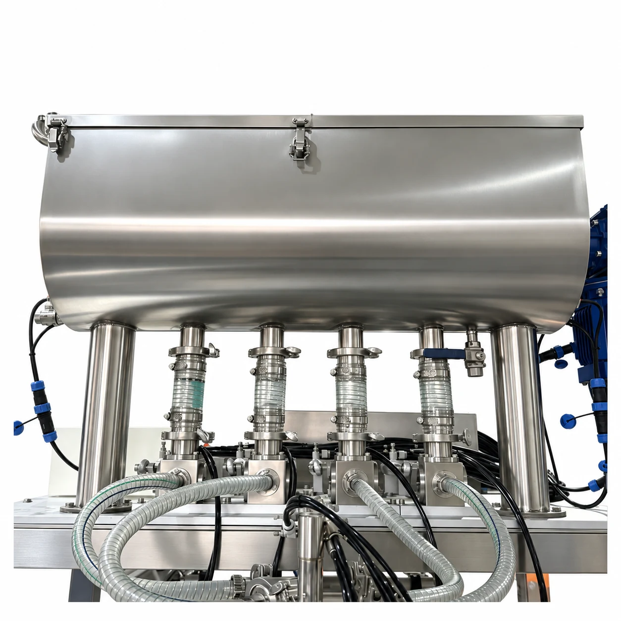 Stainless sauce hopper feeding four dosing valves through clear reinforced hoses