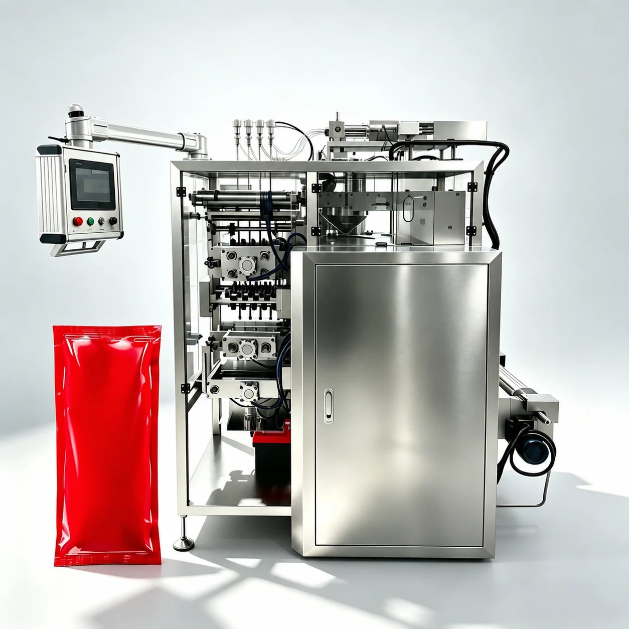 Sauce sachet filling machine with an unbranded red portion pack