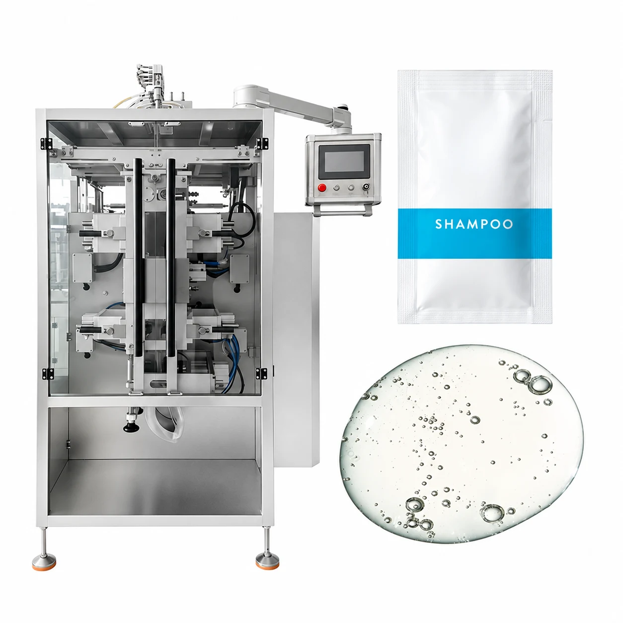Sachet packaging machine illustrated with an unbranded shampoo portion and gel sample