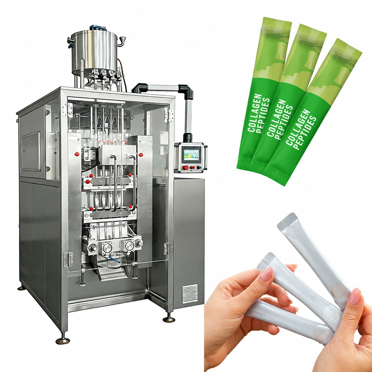 Multi-lane powder filling machine illustrated with supplement stick packs