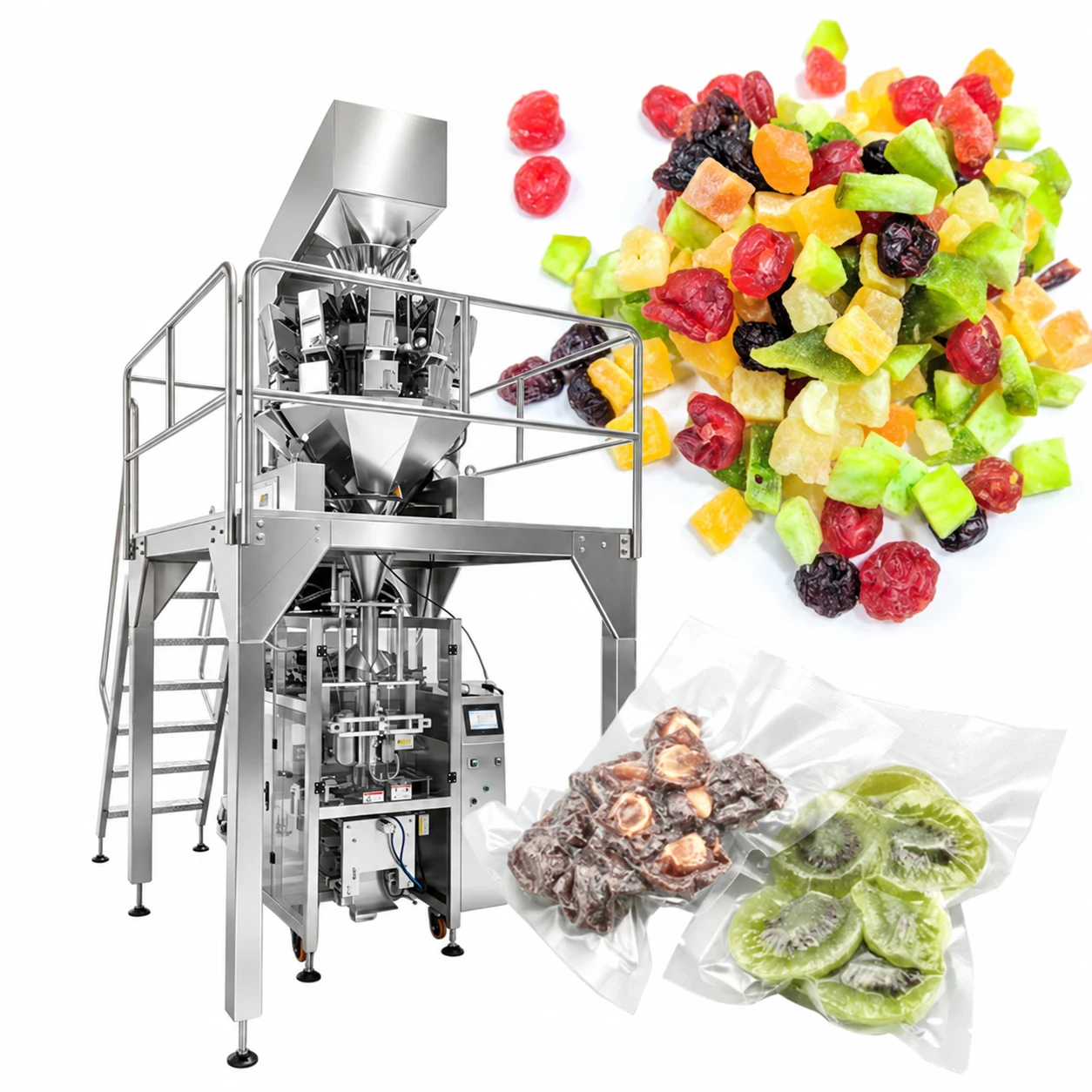 Dry-food weighing and bagging installation illustrated with dried fruit products