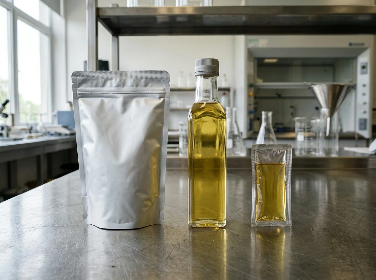 An unlabelled oil bottle, a silver stand-up pouch and a small sealed sachet on a workbench