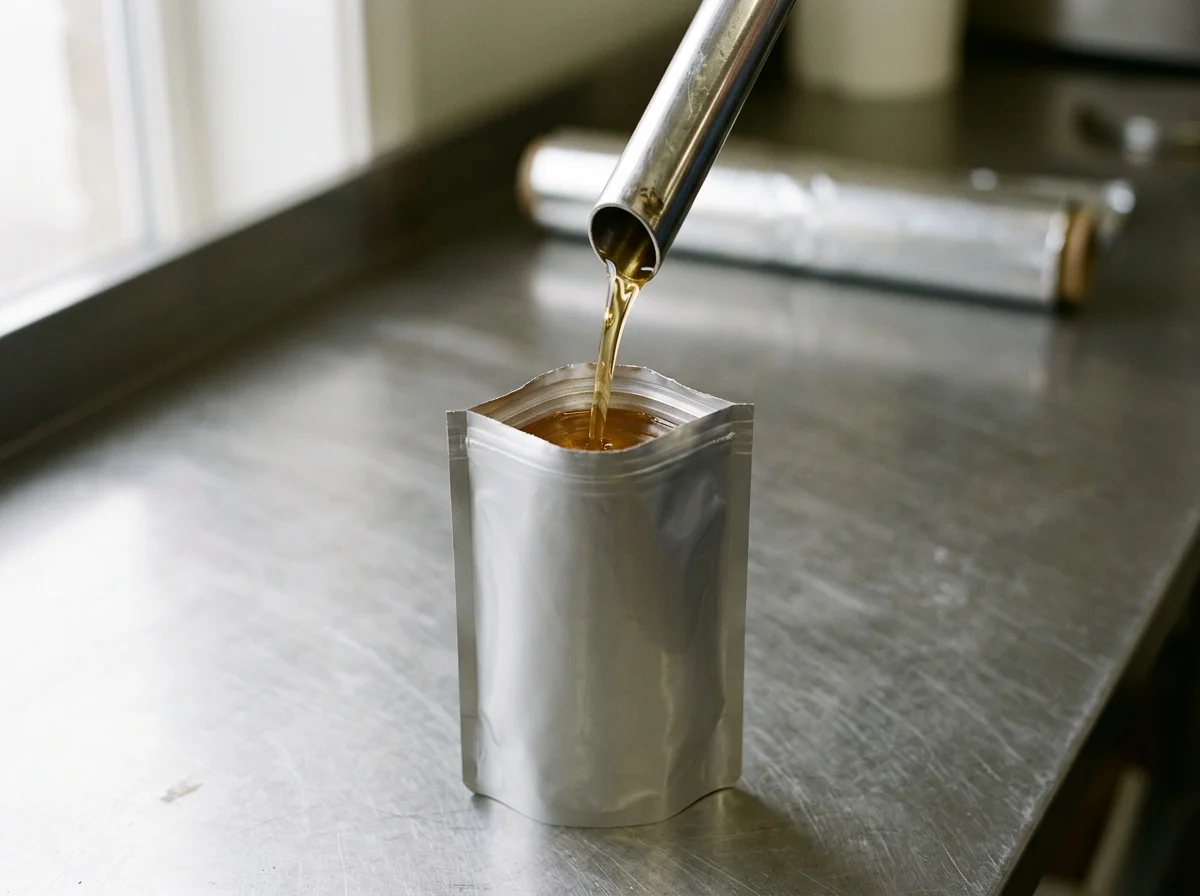 A stainless outlet dispensing a narrow stream of golden oil into an open flexible pouch