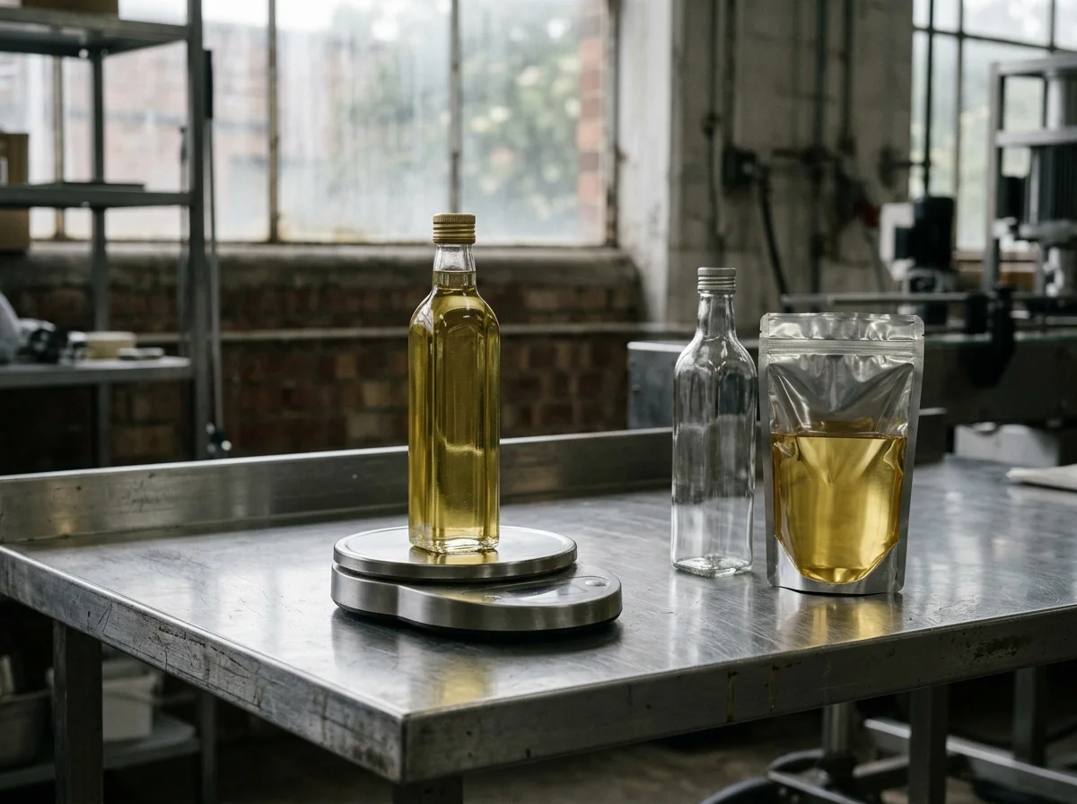 An unlabelled oil bottle on a bench scale with an empty matching bottle and a pouch beside it