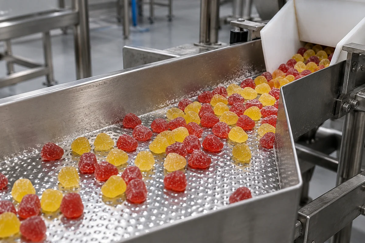Dimpled stainless vibratory feeder trough moving red and yellow sugar-dusted gummies from a white chute