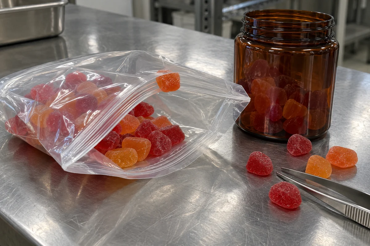 Open stand-up zipper pouch with an orange gummy caught in the zipper track beside a wide-mouth amber jar and tweezers
