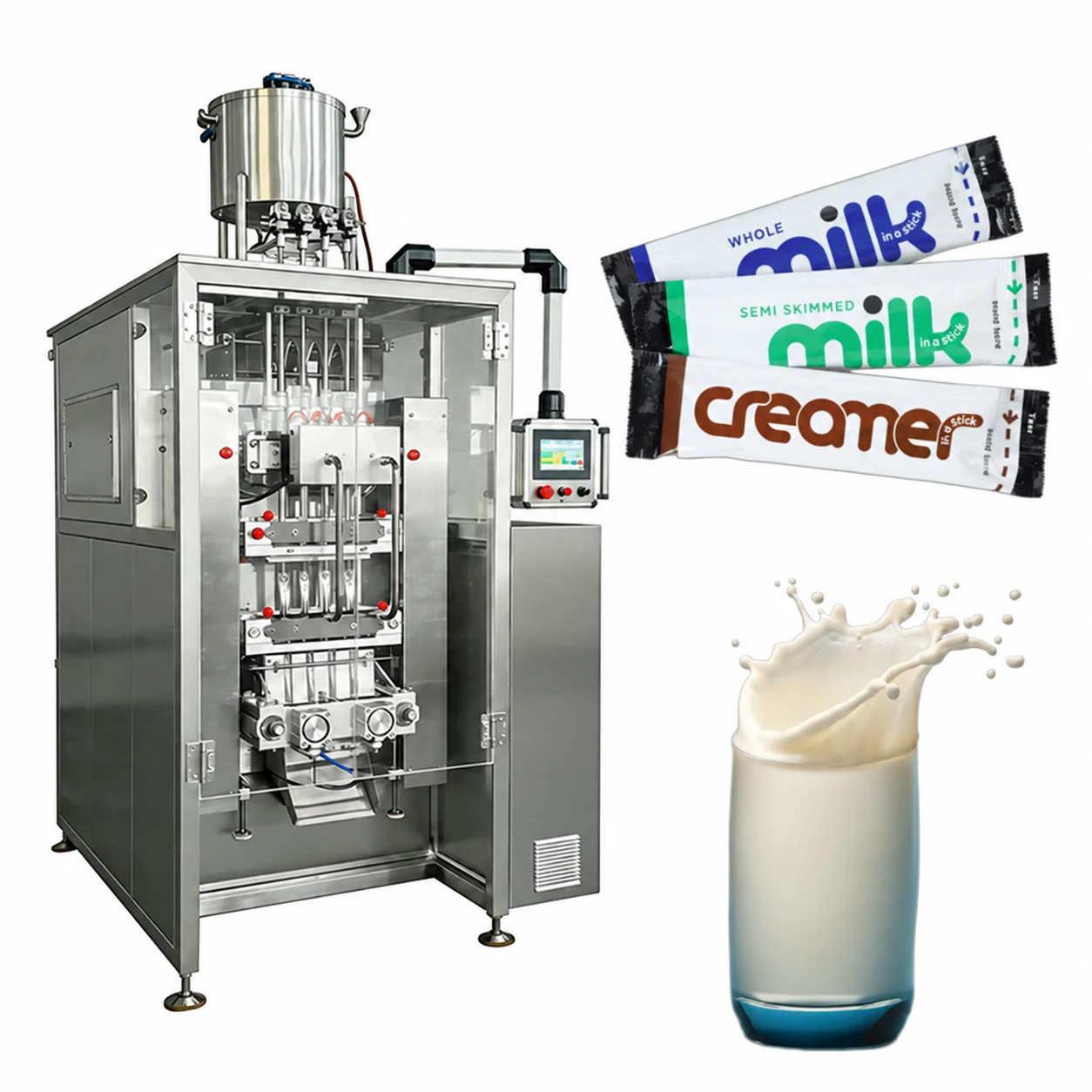 Illustration of a multi-lane stick-pack machine and packaged milk and creamer samples