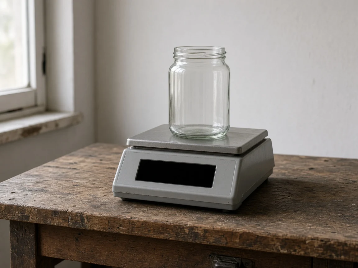 An empty, unlabeled container sitting on a bench scale on an ordinary workshop bench in daylight
