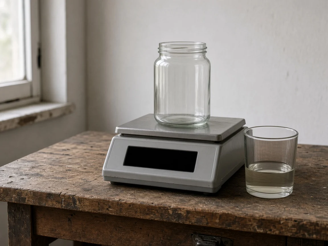 A simple volume measure holding product, standing on a workshop bench beside a bench scale that carries an unlabeled container