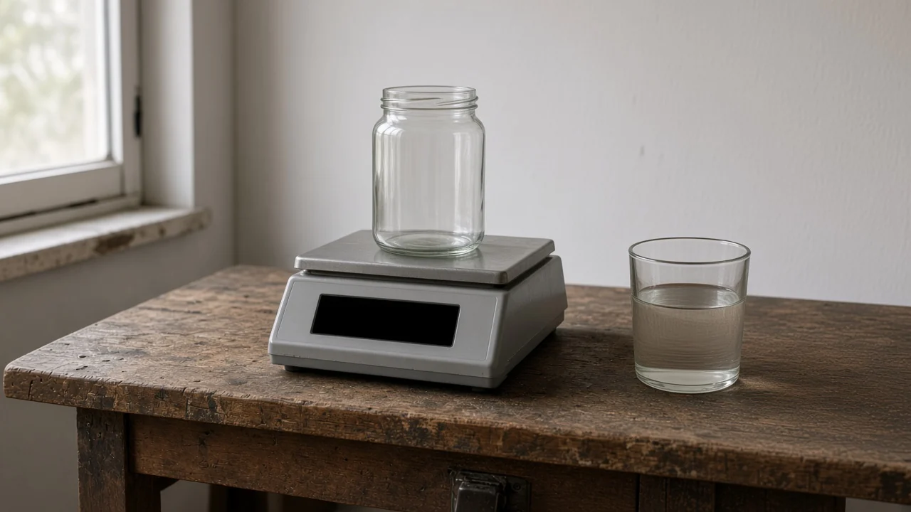 Wider view of a workshop bench in daylight with a bench scale holding an unlabeled container and a volume measure standing beside it