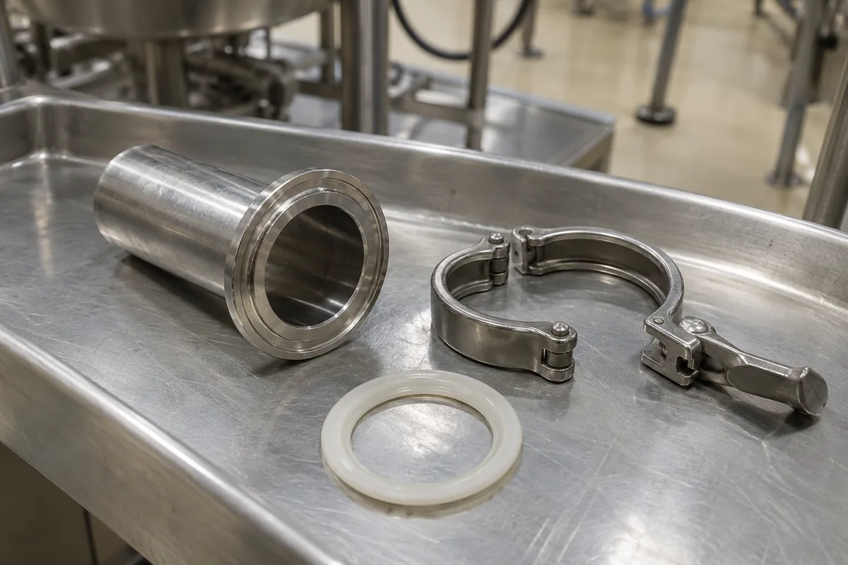 A hollow stainless outlet tube, open sanitary clamp and pale ring gasket on a metal tray