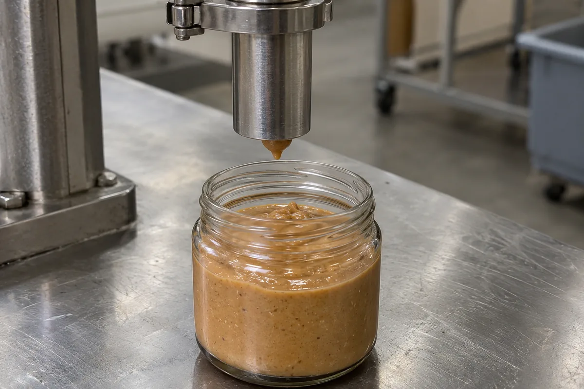 A steel dosing outlet above an open glass jar of peanut butter