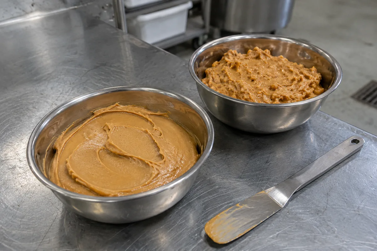Two steel bowls containing smooth and chunky peanut butter beside a metal spatula