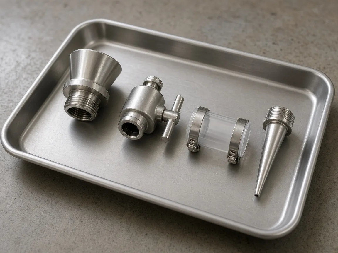 A hopper outlet, a valve body, a short hose with clamps and a nozzle laid out on a stainless tray