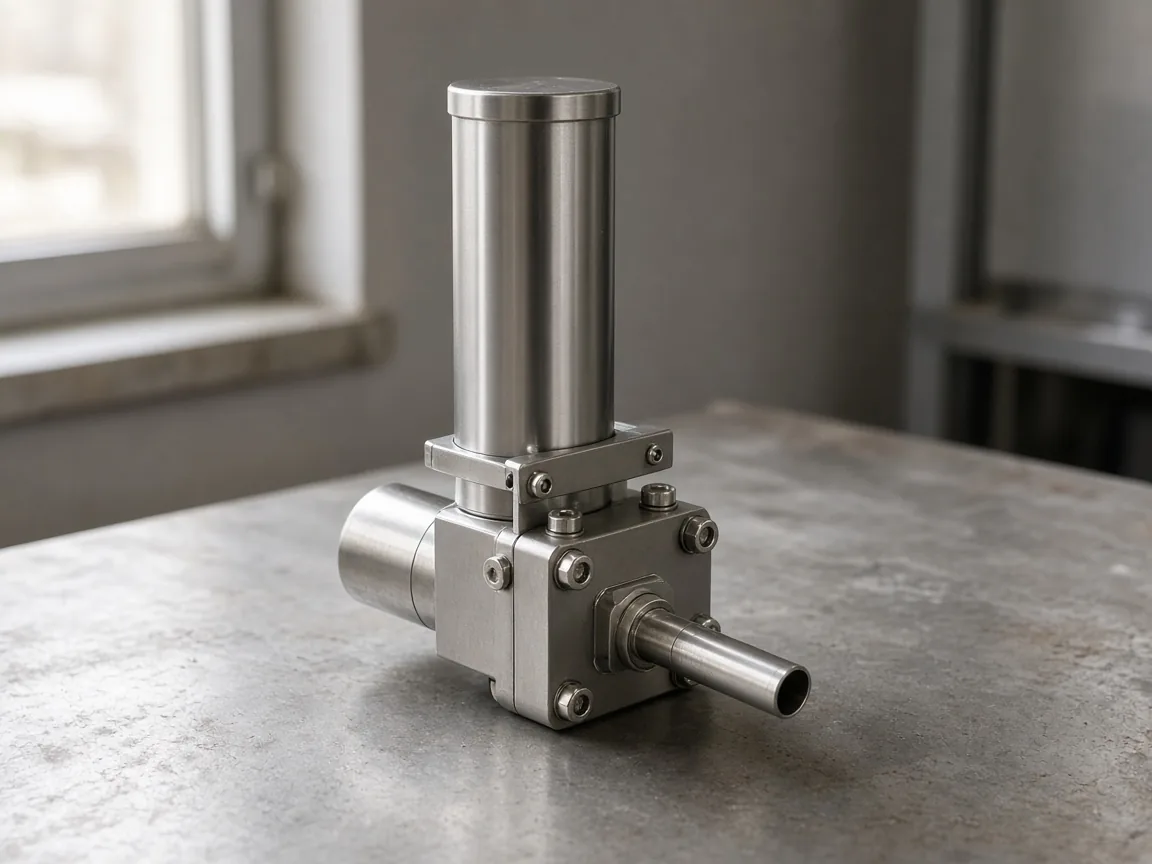 A single stainless piston dosing unit on a workbench in daylight, with a cylinder, a valve body and a short outlet