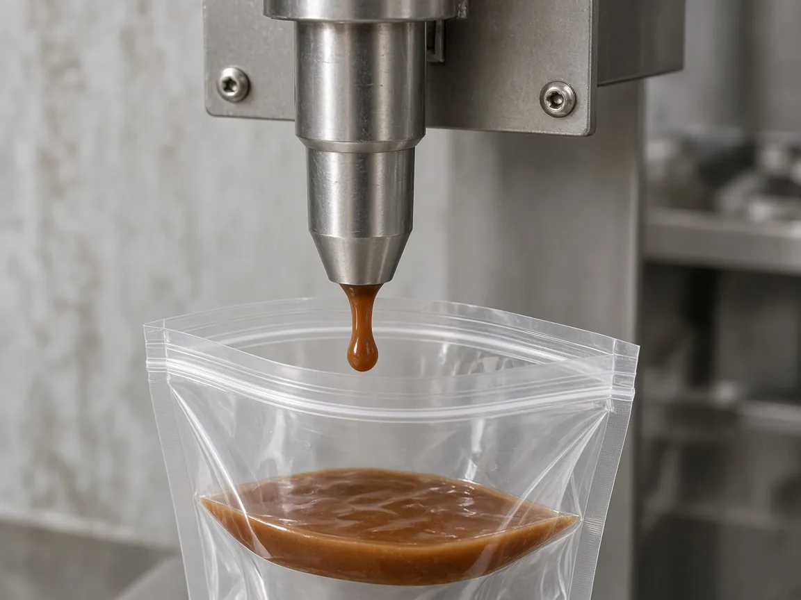 A stainless filling nozzle above the open mouth of an unprinted pouch, with a small tail of product after a dose