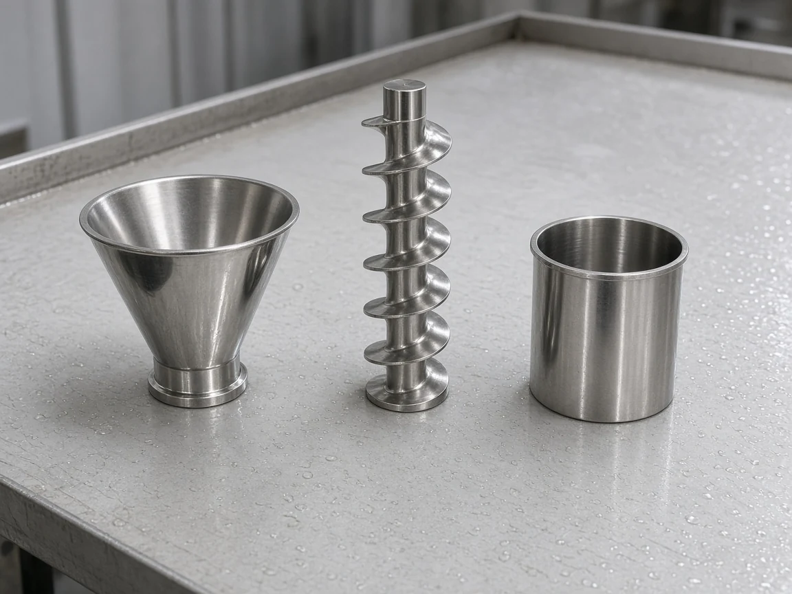 Unmarked stainless hopper, dosing screw and cylindrical contact piece on a wash table