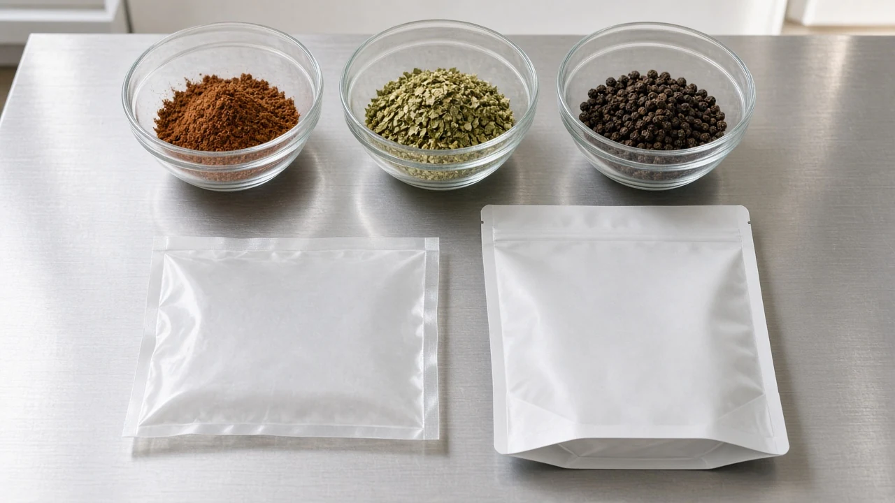Fine spice powder, herb flakes and whole peppercorns in glass bowls beside an unprinted flat pouch and an unprinted stand-up pouch