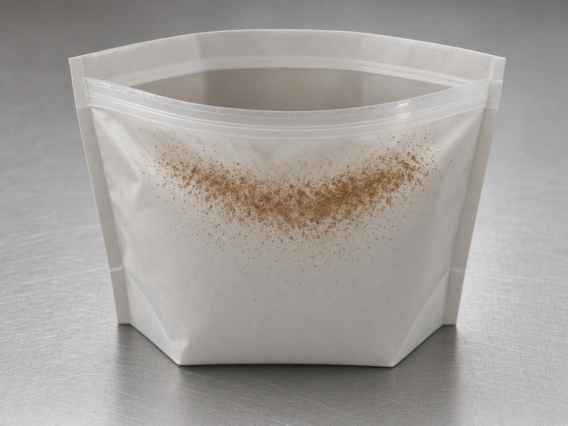 Unprinted stand-up zipper pouch with a scatter of fine spice powder on the front face below the zipper