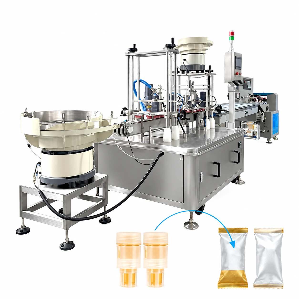 Honey dosing-cap line with component feeders, filling stations and downstream wrapping equipment