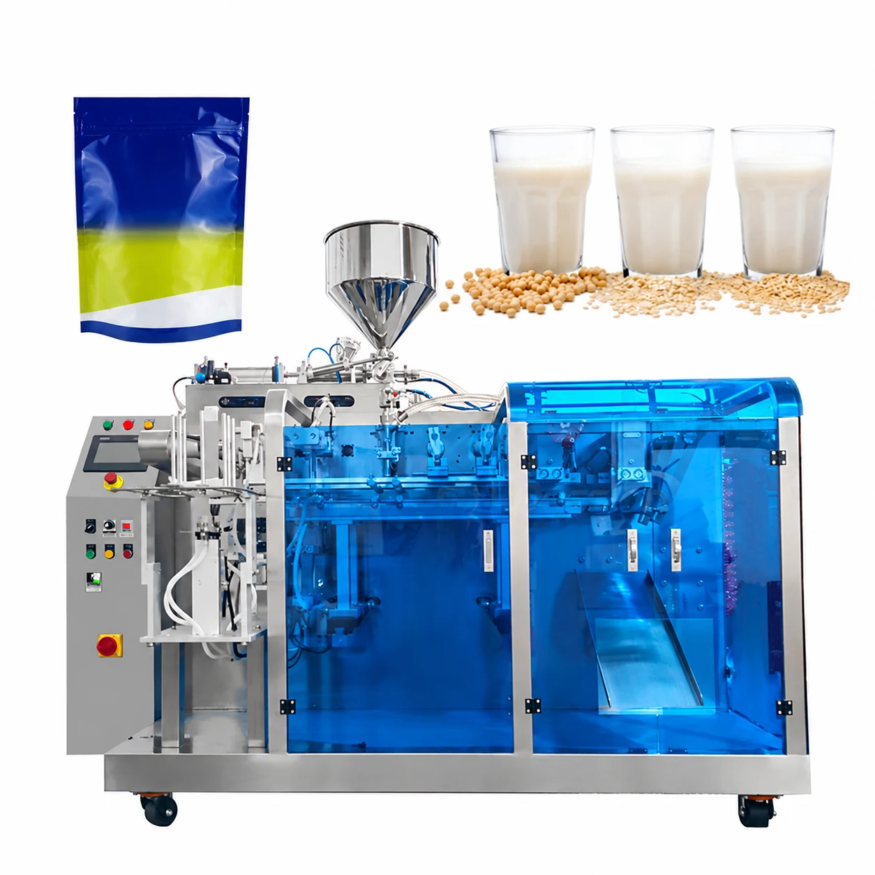 Liquid premade-pouch filling machine with a conical supply hopper, blue guards and a sample stand-up pouch